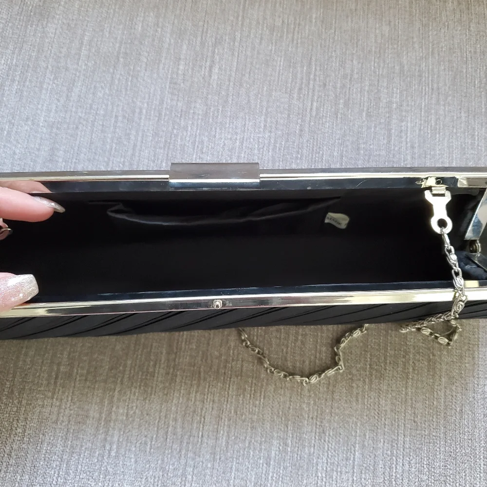 Vintage Elegant Evening Pleated Satin Elongated Clutch Black